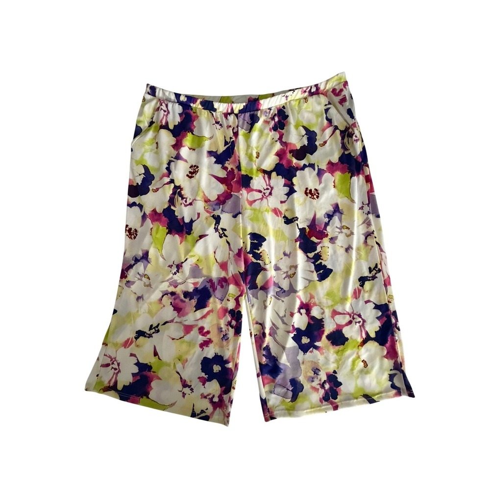 Nina Leonard Cropped Pants Womens P2X Floral Wide Leg Purple Lime Green Culottes